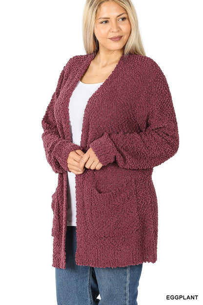 Zenana Plus Long Sleeve Popcorn Cardigan With Pockets 1938X5