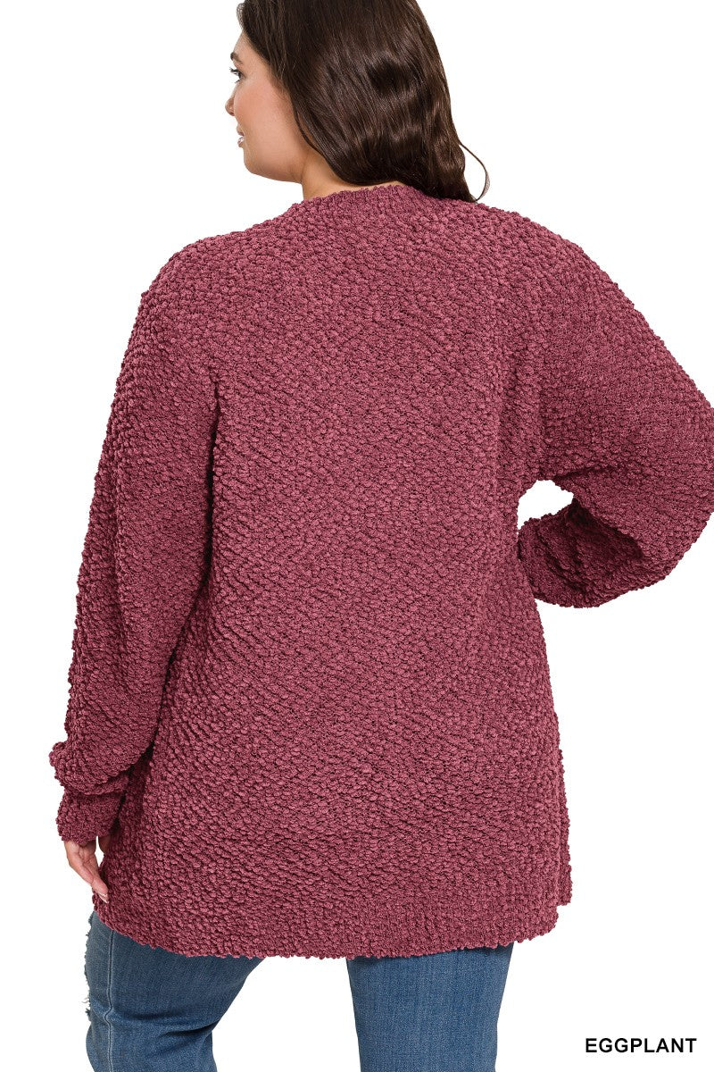 Zenana Plus Long Sleeve Popcorn Cardigan With Pockets 1938X5