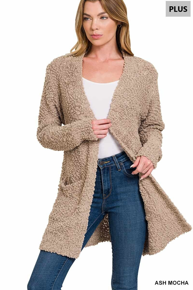 Zenana Plus Long Sleeve Popcorn Cardigan With Pockets 1938X5