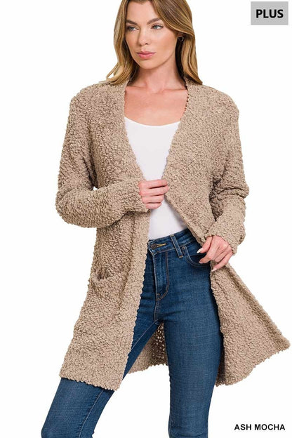 Zenana Plus Long Sleeve Popcorn Cardigan With Pockets 1938X5