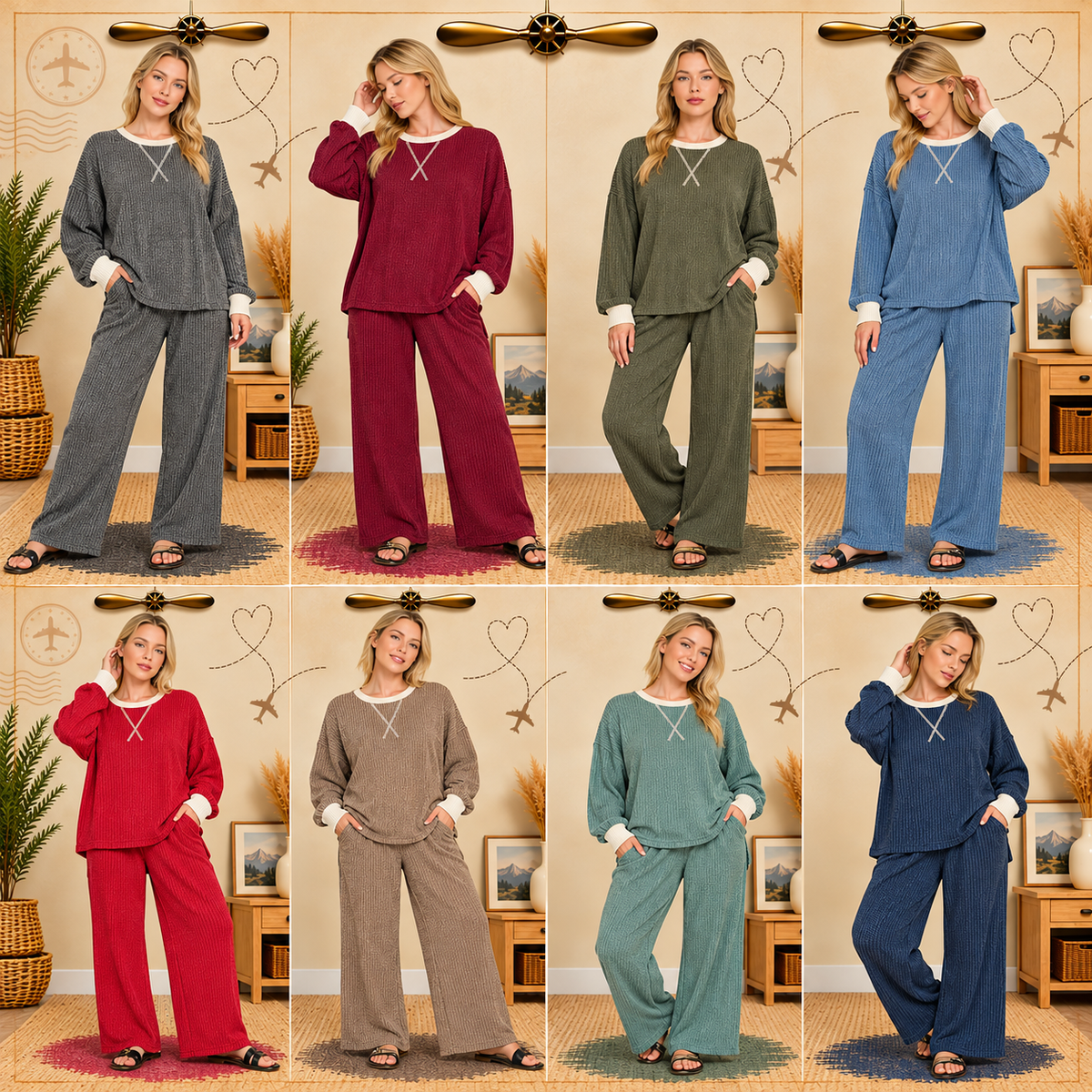Zenana Raised Rib Round Neck Pullover & Pants Set 8652Y