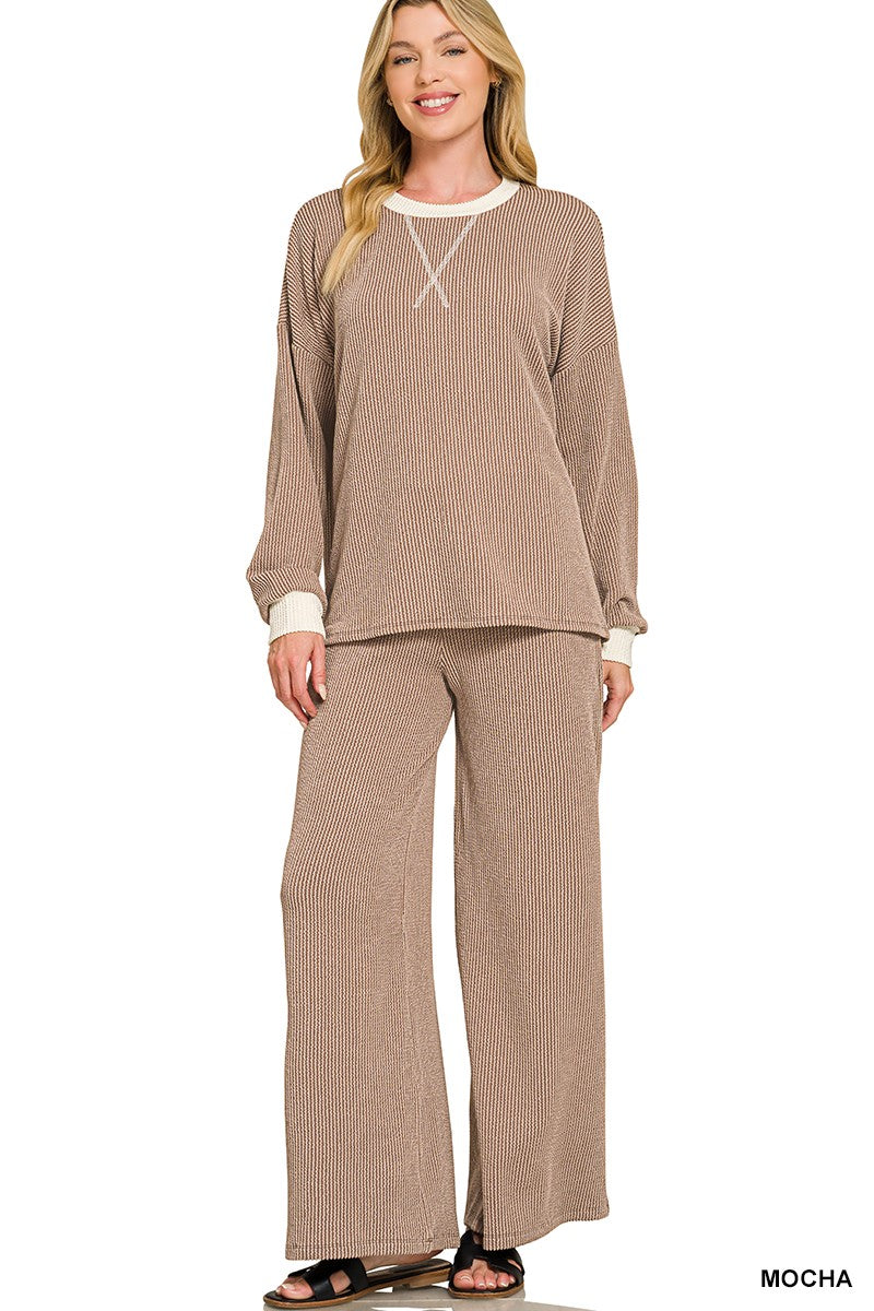 Zenana Raised Rib Round Neck Pullover & Pants Set 8652Y