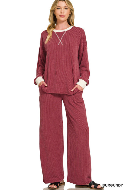 Zenana Raised Rib Round Neck Pullover & Pants Set 8652Y