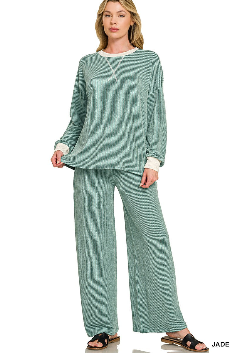 Zenana Raised Rib Round Neck Pullover & Pants Set 8652Y