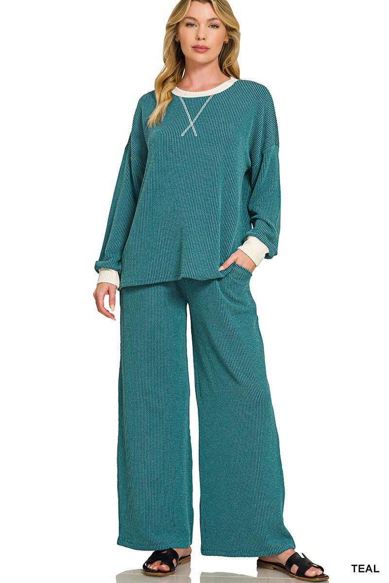 Zenana Raised Rib Round Neck Pullover & Pants Set 8652Y