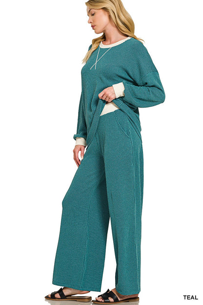 Zenana Raised Rib Round Neck Pullover & Pants Set 8652Y