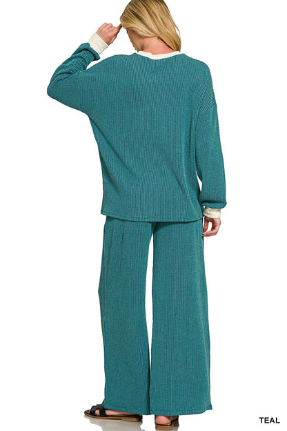 Zenana Raised Rib Round Neck Pullover & Pants Set 8652Y
