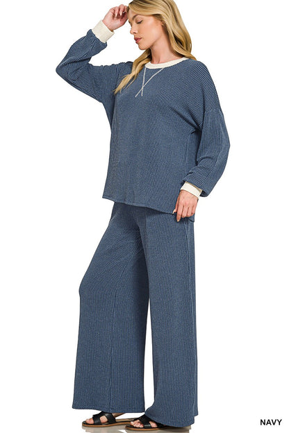 Zenana Raised Rib Round Neck Pullover & Pants Set 8652Y
