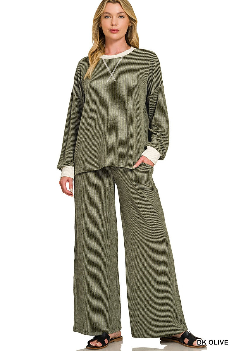 Zenana Raised Rib Round Neck Pullover & Pants Set 8652Y
