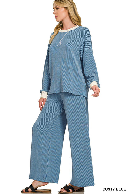 Zenana Raised Rib Round Neck Pullover & Pants Set 8652Y