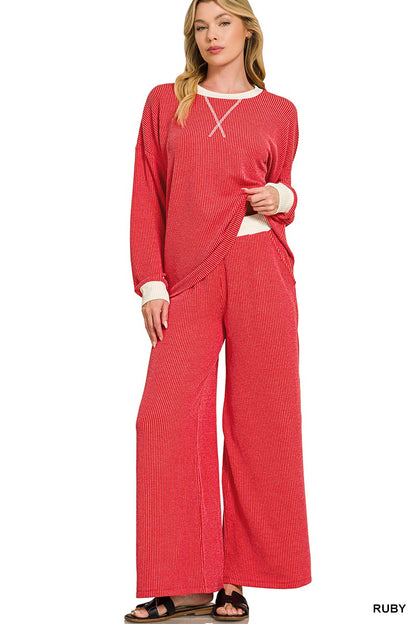 Zenana Raised Rib Round Neck Pullover & Pants Set 8652Y