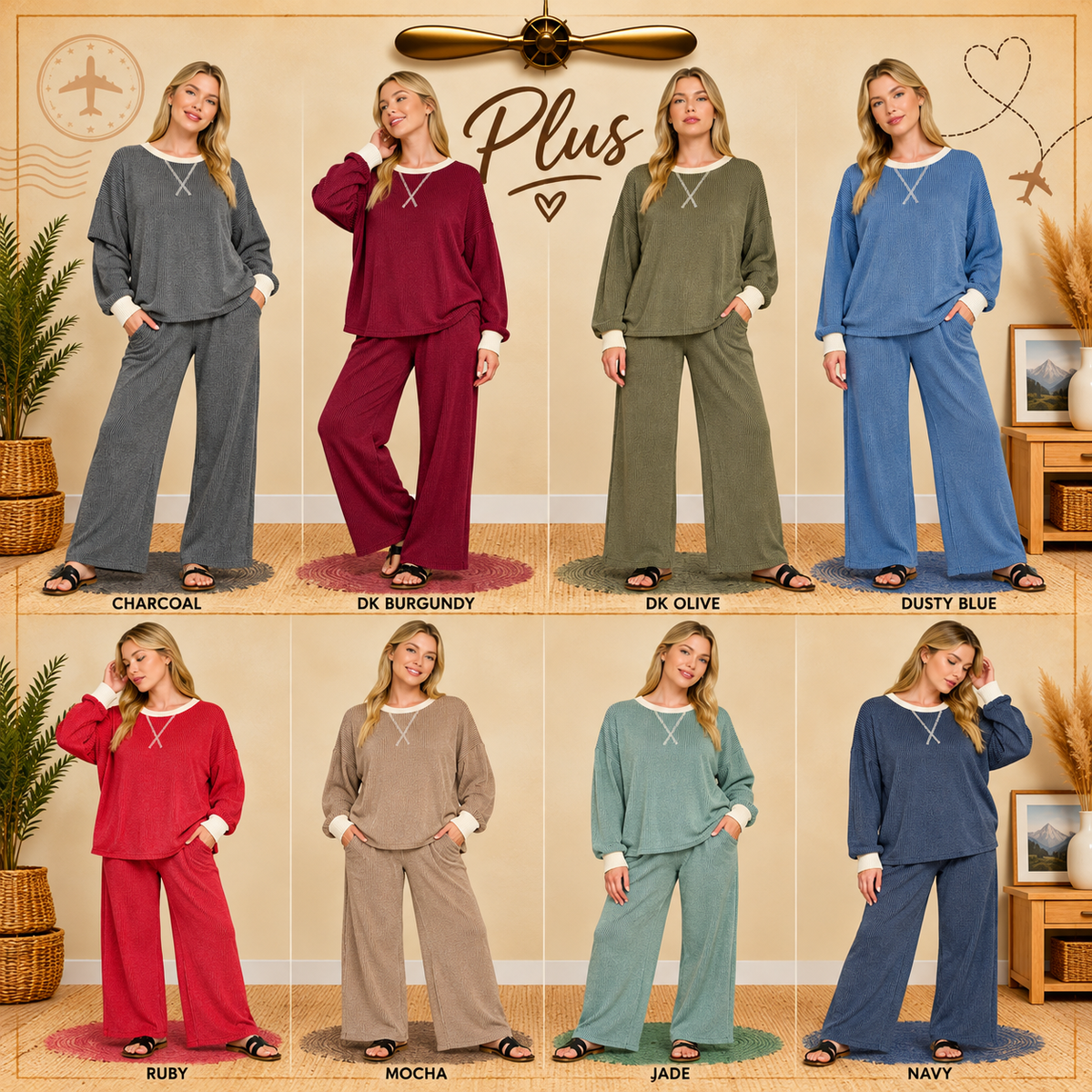 Zenana Plus Raised Rib Round Neck Pullover & Pants Set 8652X5