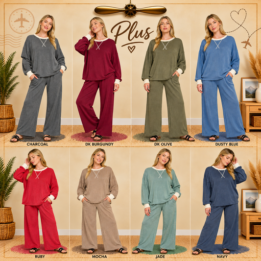 Zenana Plus Raised Rib Round Neck Pullover & Pants Set 8652X5
