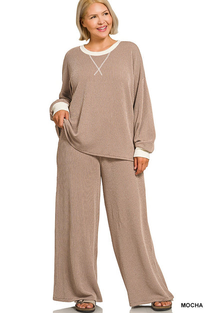 Zenana Plus Raised Rib Round Neck Pullover & Pants Set 8652X5