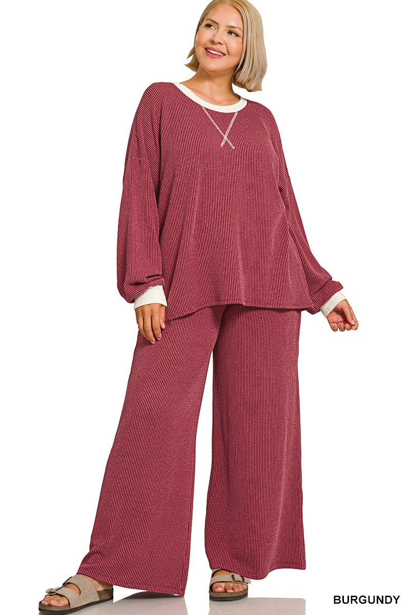 Zenana Plus Raised Rib Round Neck Pullover & Pants Set 8652X5