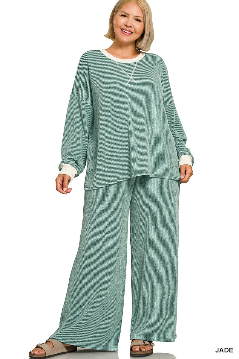 Zenana Plus Raised Rib Round Neck Pullover & Pants Set 8652X5