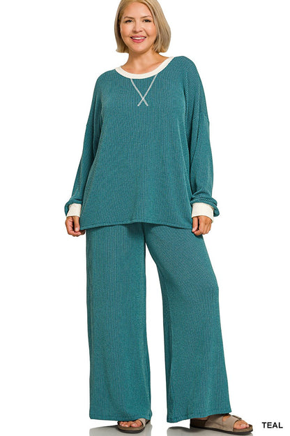 Zenana Plus Raised Rib Round Neck Pullover & Pants Set 8652X5