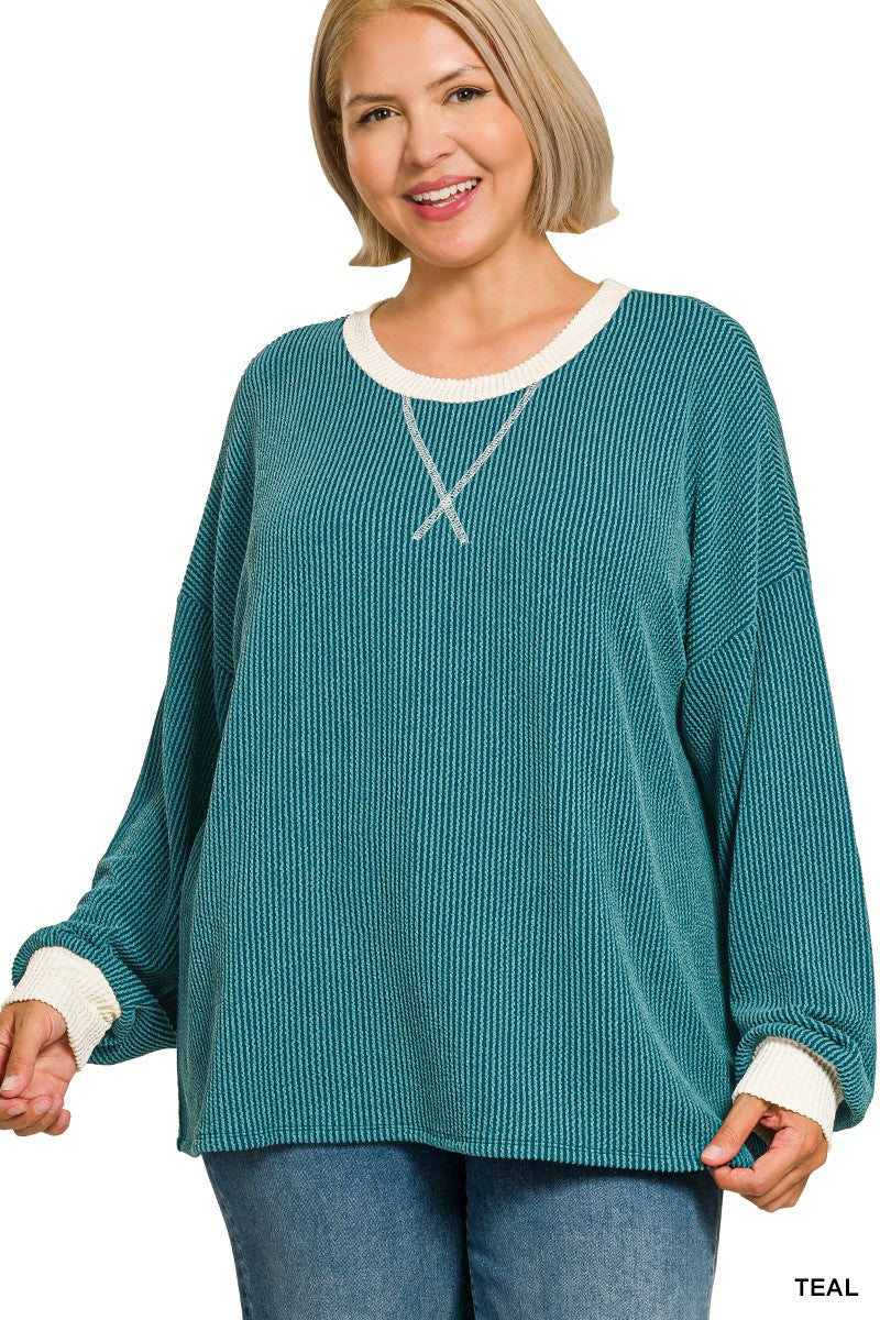 Zenana Plus Raised Rib Round Neck Pullover & Pants Set 8652X5