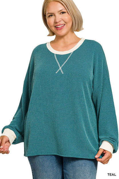 Zenana Plus Raised Rib Round Neck Pullover & Pants Set 8652X5