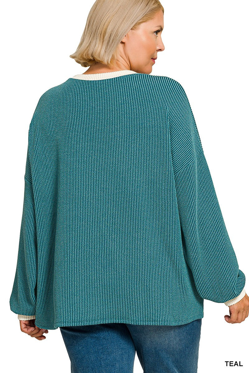 Zenana Plus Raised Rib Round Neck Pullover & Pants Set 8652X5