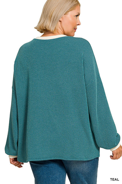Zenana Plus Raised Rib Round Neck Pullover & Pants Set 8652X5