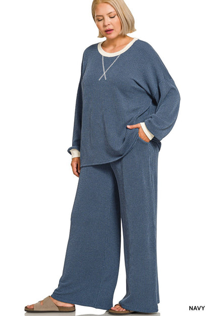 Zenana Plus Raised Rib Round Neck Pullover & Pants Set 8652X5