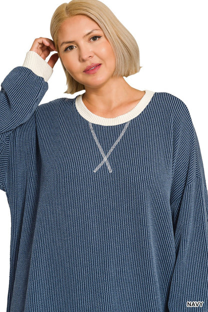 Zenana Plus Raised Rib Round Neck Pullover & Pants Set 8652X5