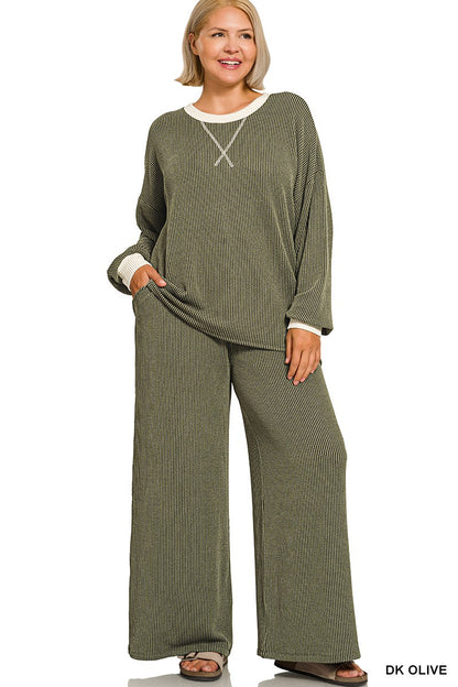 Zenana Plus Raised Rib Round Neck Pullover & Pants Set 8652X5