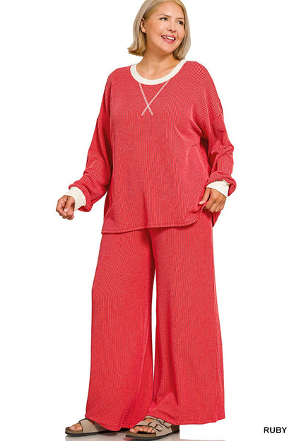 Zenana Plus Raised Rib Round Neck Pullover & Pants Set 8652X5