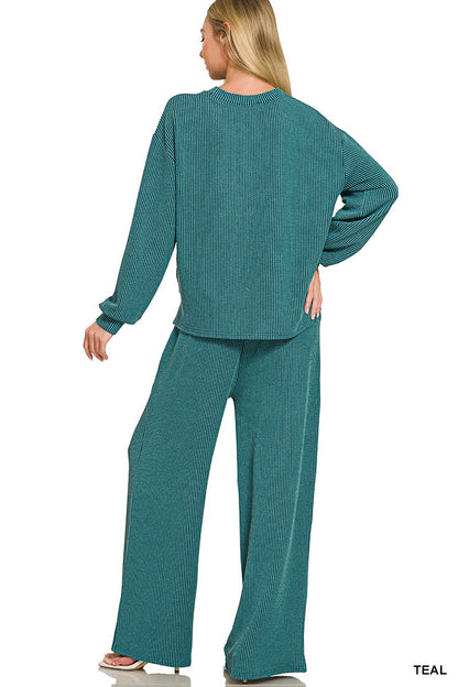 Zenana Raised Rib Round Neck Pullover & Pants Set 8650Y