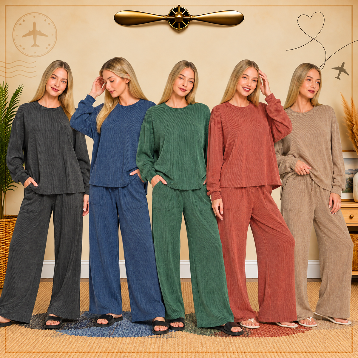 Zenana Raised Rib Round Neck Pullover & Pants Set 8650Y