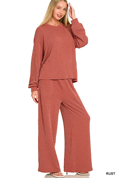Zenana Raised Rib Round Neck Pullover & Pants Set 8650Y