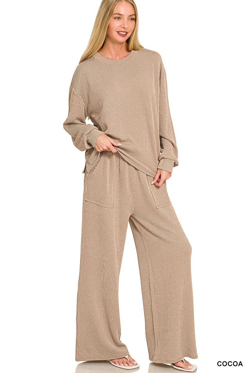 Zenana Raised Rib Round Neck Pullover & Pants Set 8650Y