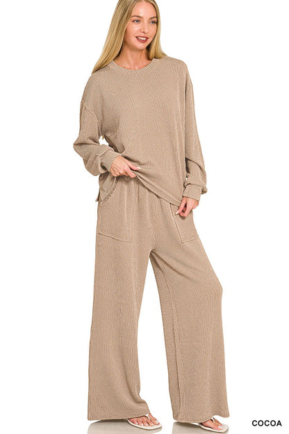 Zenana Raised Rib Round Neck Pullover & Pants Set 8650Y