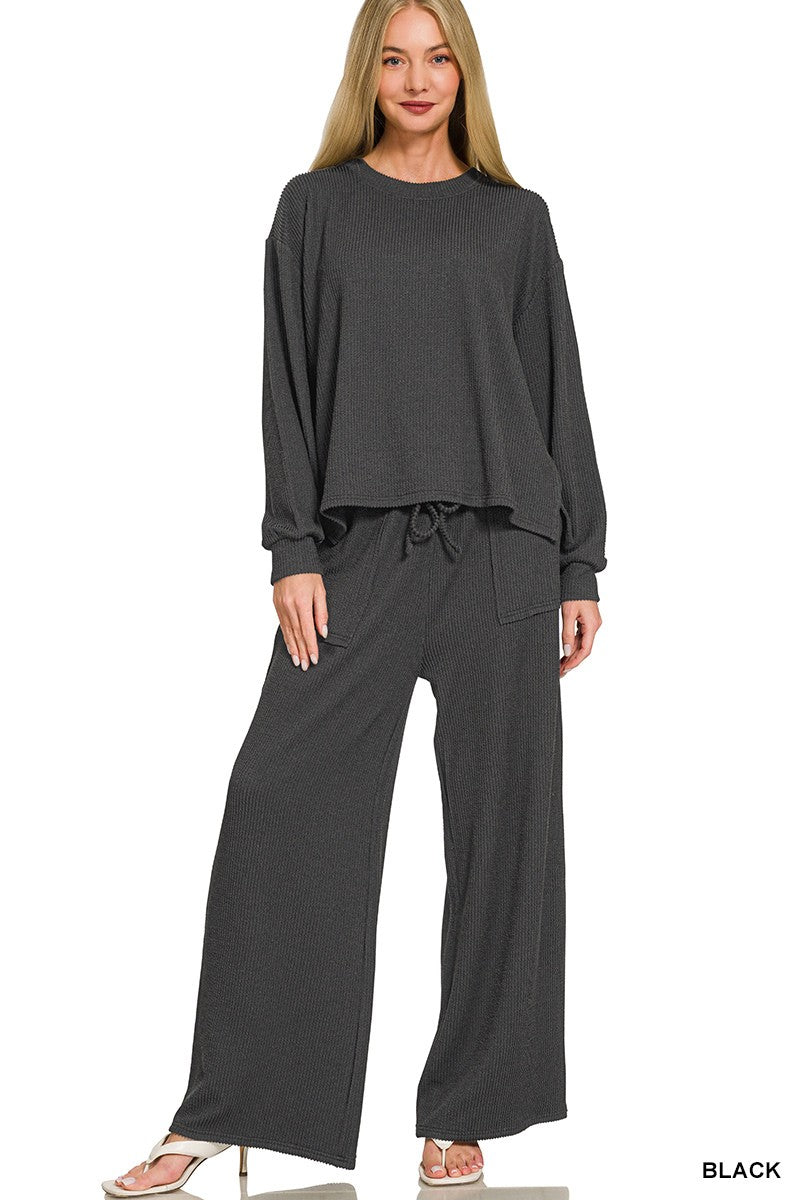 Zenana Raised Rib Round Neck Pullover & Pants Set 8650Y