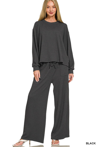 Zenana Raised Rib Round Neck Pullover & Pants Set 8650Y