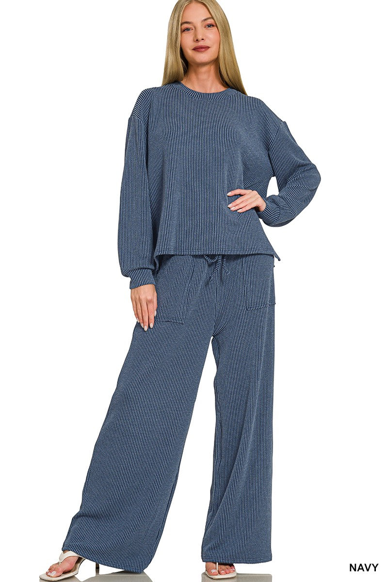 Zenana Raised Rib Round Neck Pullover & Pants Set 8650Y