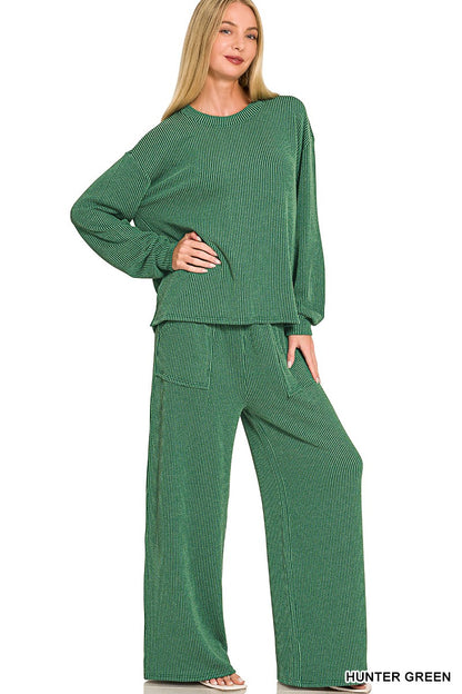 Zenana Raised Rib Round Neck Pullover & Pants Set 8650Y