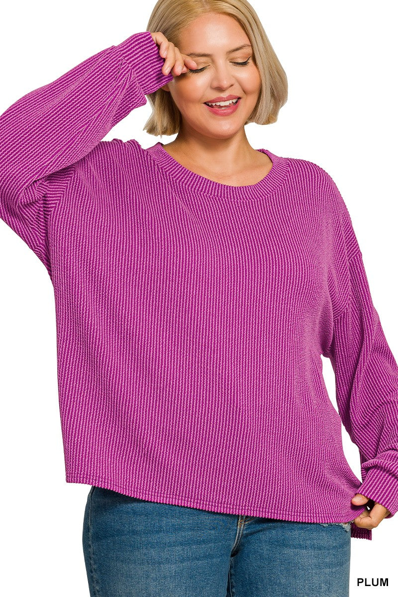 Zenana Plus Raised Rib Round Neck Pullover & Pants Set 8650X5