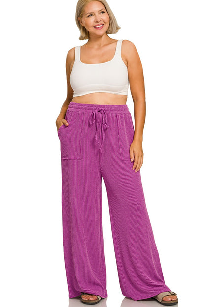 Zenana Plus Raised Rib Round Neck Pullover & Pants Set 8650X5