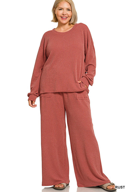 Zenana Plus Raised Rib Round Neck Pullover & Pants Set 8650X5