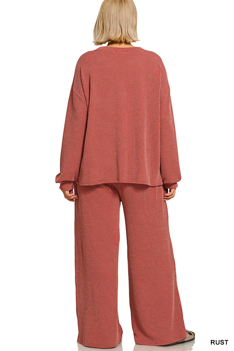 Zenana Plus Raised Rib Round Neck Pullover & Pants Set 8650X5