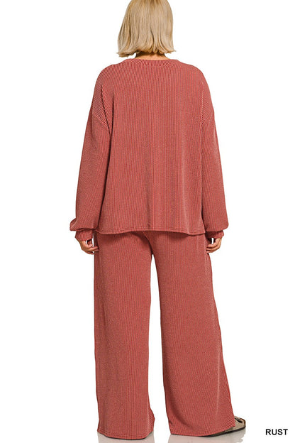 Zenana Plus Raised Rib Round Neck Pullover & Pants Set 8650X5