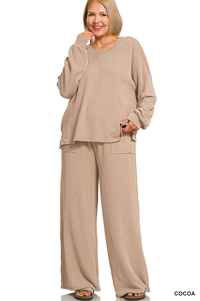 Zenana Plus Raised Rib Round Neck Pullover & Pants Set 8650X5
