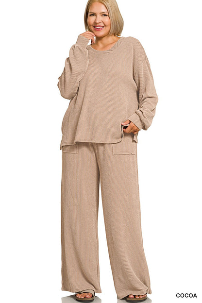 Zenana Plus Raised Rib Round Neck Pullover & Pants Set 8650X5