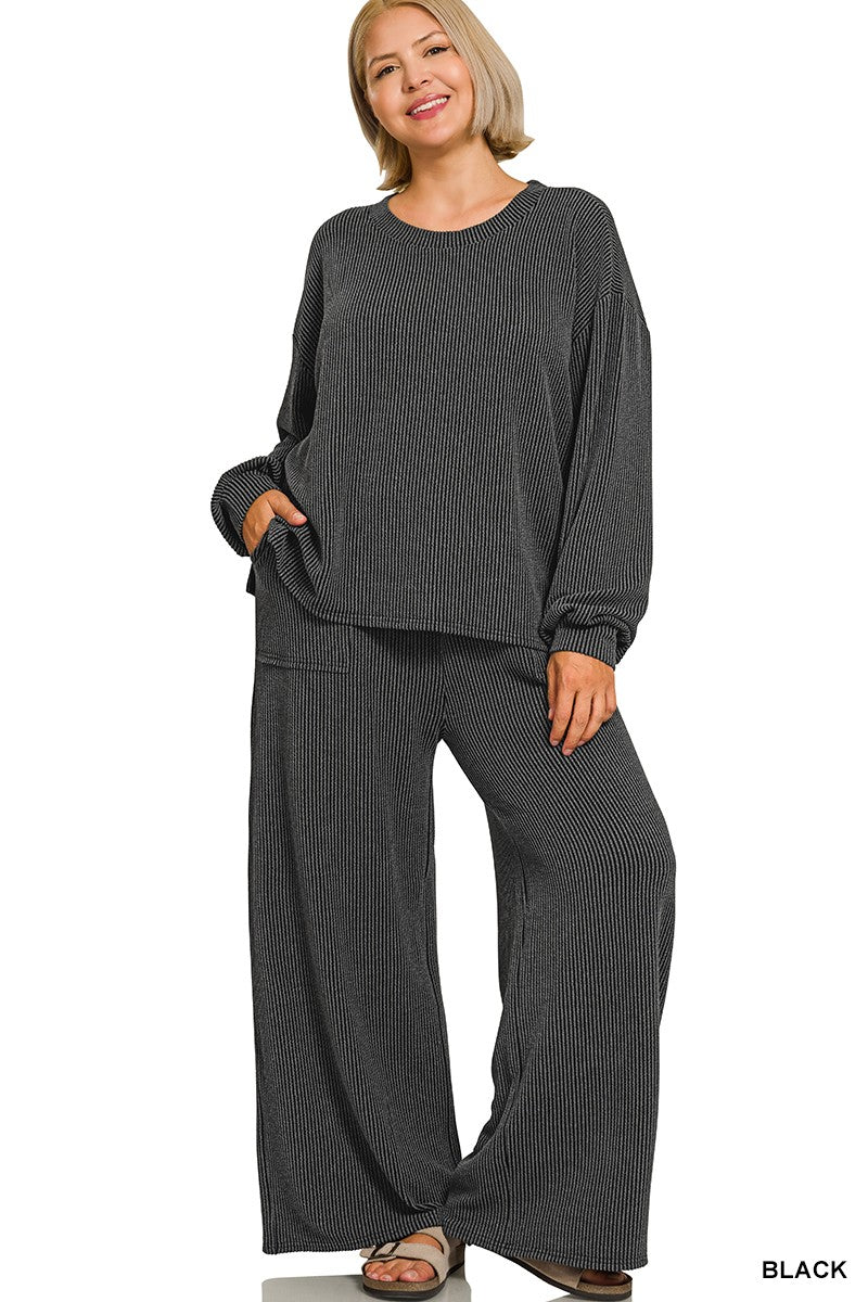 Zenana Plus Raised Rib Round Neck Pullover & Pants Set 8650X5