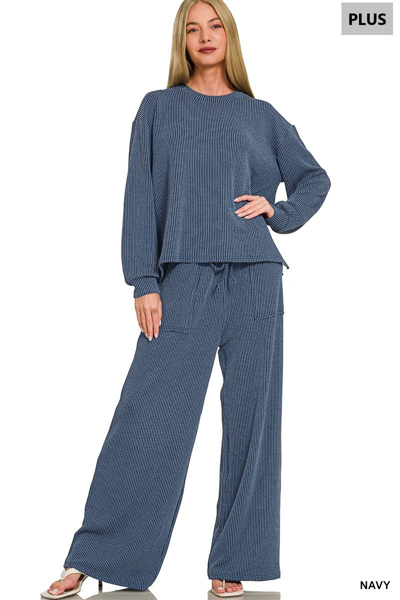 Zenana Plus Raised Rib Round Neck Pullover & Pants Set 8650X5