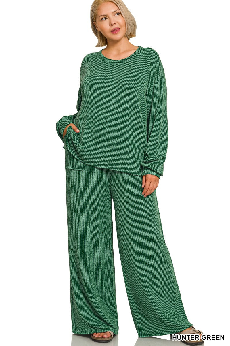 Zenana Plus Raised Rib Round Neck Pullover & Pants Set 8650X5