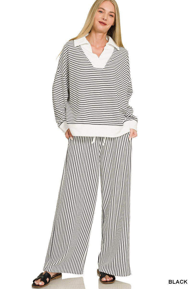 Zenana Striped Split Neck Collared Top & Pants Set 3607Y
