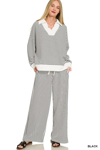 Zenana Striped Split Neck Collared Top & Pants Set 3607Y